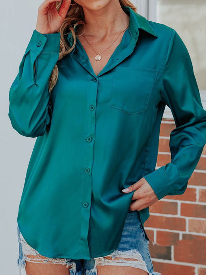 Women's Blouses Satin Lapel Button Long Sleeve Blouse - LuckyFash™