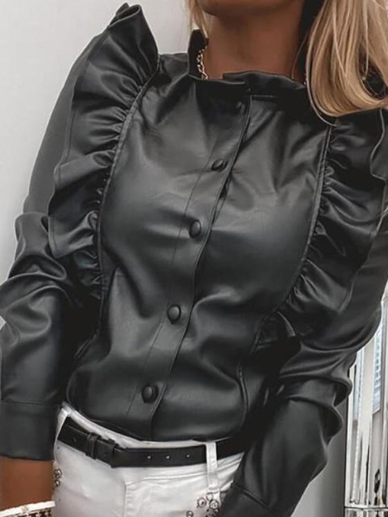 Women's Blouses Single-Breasted Houndstooth Long Sleeve Leather Blouse - LuckyFash™