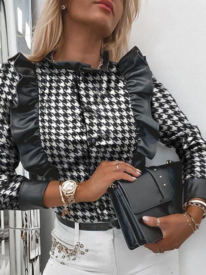 Women's Blouses Single-Breasted Houndstooth Long Sleeve Leather Blouse - LuckyFash™