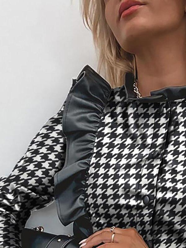 Women's Blouses Single-Breasted Houndstooth Long Sleeve Leather Blouse - LuckyFash™