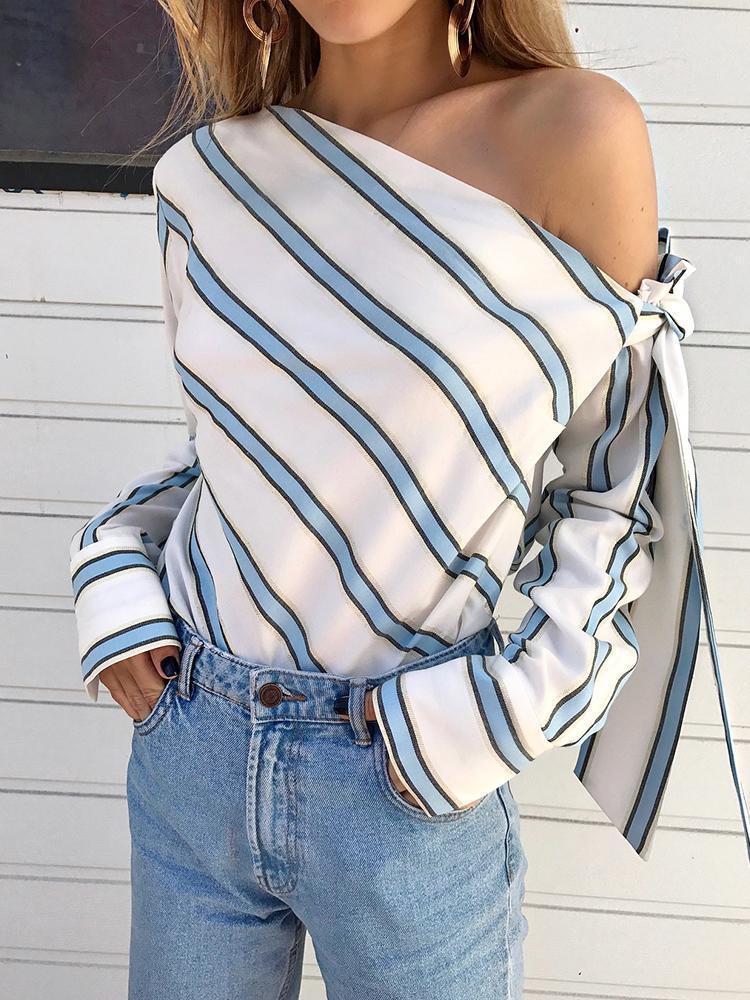 Blouses Slanted Shoulder Strap Striped Long Sleeve Blouse - LuckyFash™