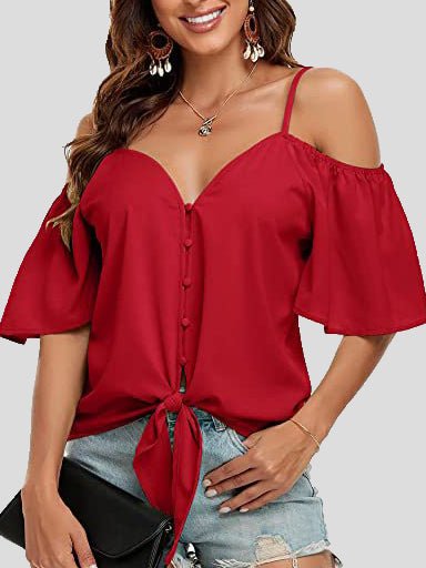 Blouses Sling Single Breasted Knotted Off Shoulder Blouse - LuckyFash™