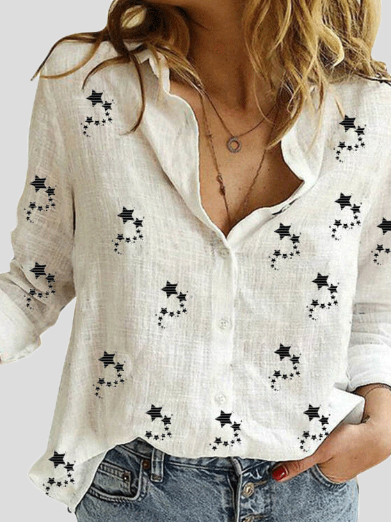 Blouses Small Star Print Button Long Sleeve Blouse - LuckyFash™