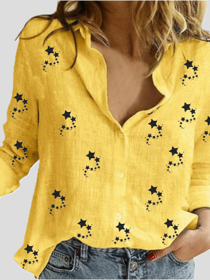 Blouses Small Star Print Button Long Sleeve Blouse - LuckyFash™