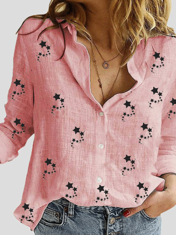 Blouses Small Star Print Button Long Sleeve Blouse - LuckyFash™