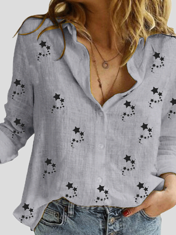 Blouses Small Star Print Button Long Sleeve Blouse - LuckyFash™