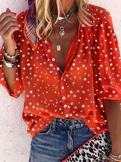 Women's Blouses Snowflake Print V-Neck Button 3/4 Sleeve Blouse - LuckyFash™