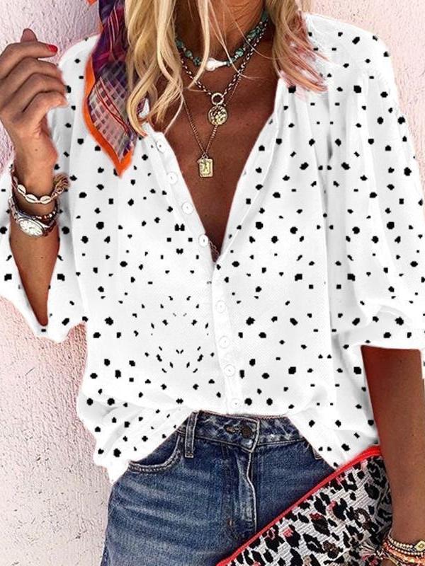 Women's Blouses Snowflake Print V-Neck Button 3/4 Sleeve Blouse - LuckyFash™