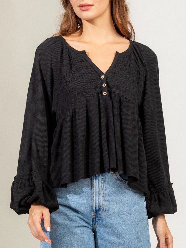 Women's Blouses Solid Button Balloon Sleeve Knit Blouse - LuckyFash™