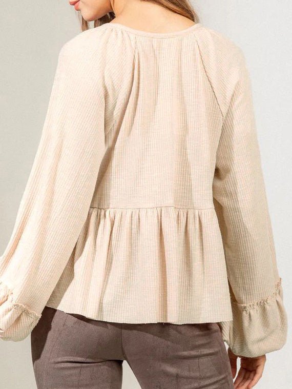 Women's Blouses Solid Button Balloon Sleeve Knit Blouse - LuckyFash™