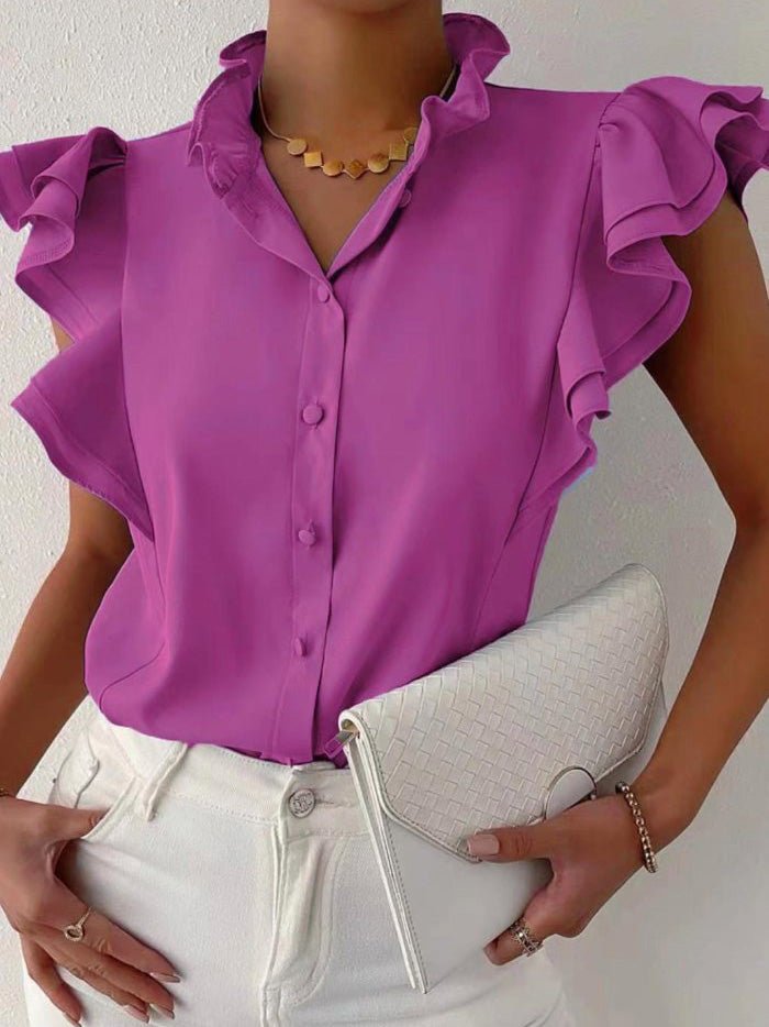 Women's Blouses Solid Button Ruffle Sleeveless Blouse - LuckyFash™