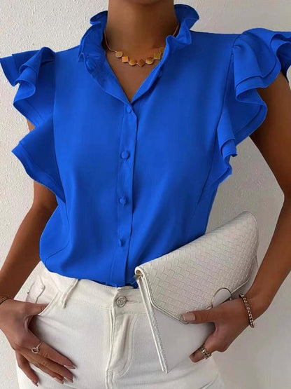 Women's Blouses Solid Button Ruffle Sleeveless Blouse - LuckyFash™