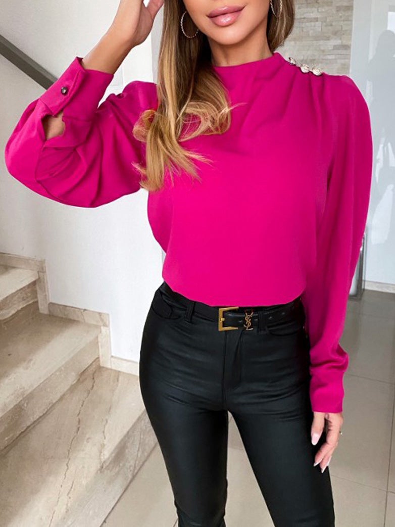 Women's Blouses Solid High Collar Button Long Sleeve Blouse - LuckyFash™