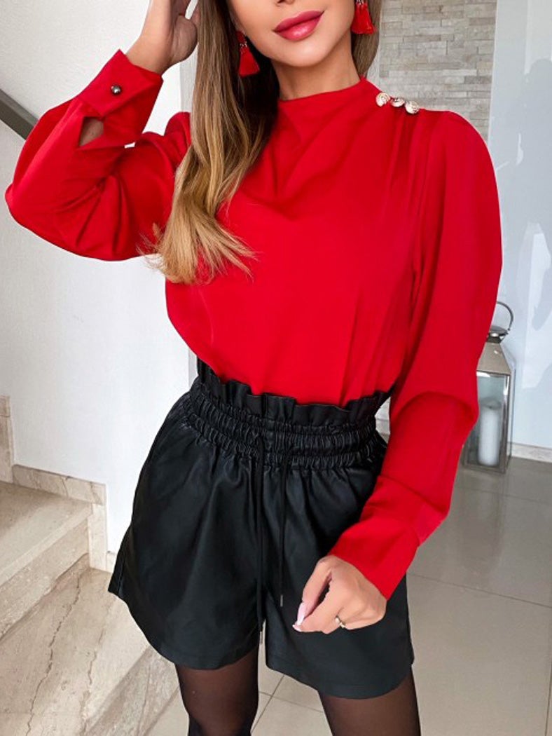 Women's Blouses Solid High Collar Button Long Sleeve Blouse - LuckyFash™