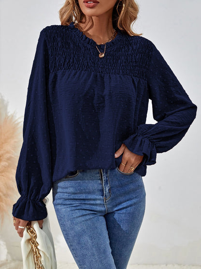 Women's Blouses Solid Jacquard Crew Neck Long Sleeve Blouse - LuckyFash™