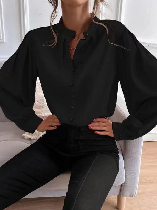 Women's Blouses Solid Lapel Button Long Sleeve Blouse - LuckyFash™