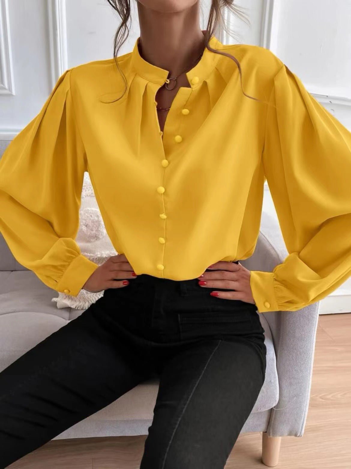 Women's Blouses Solid Lapel Button Long Sleeve Blouse - LuckyFash™