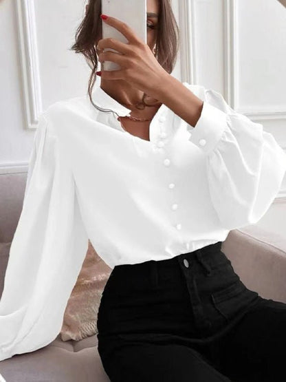 Women's Blouses Solid Lapel Button Long Sleeve Blouse - LuckyFash™