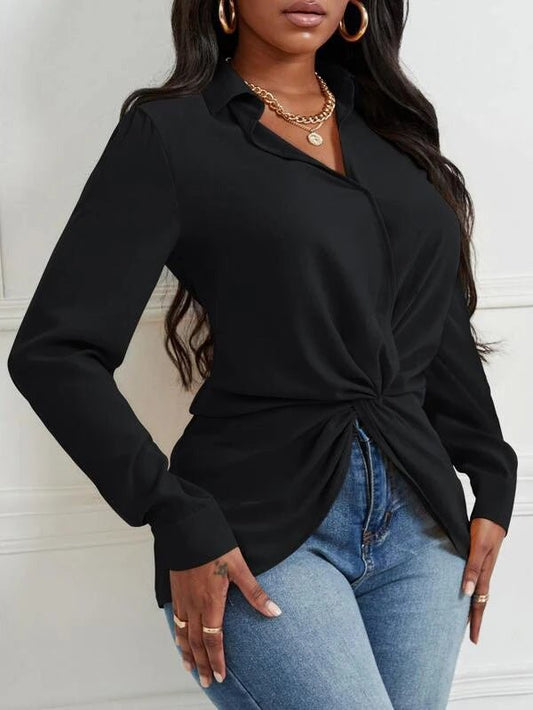 Women's Blouses Solid Lapel Knotted Long Sleeve Blouse - LuckyFash™