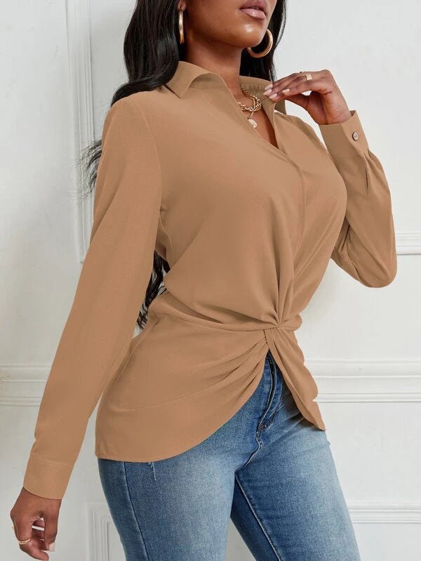 Women's Blouses Solid Lapel Knotted Long Sleeve Blouse - LuckyFash™