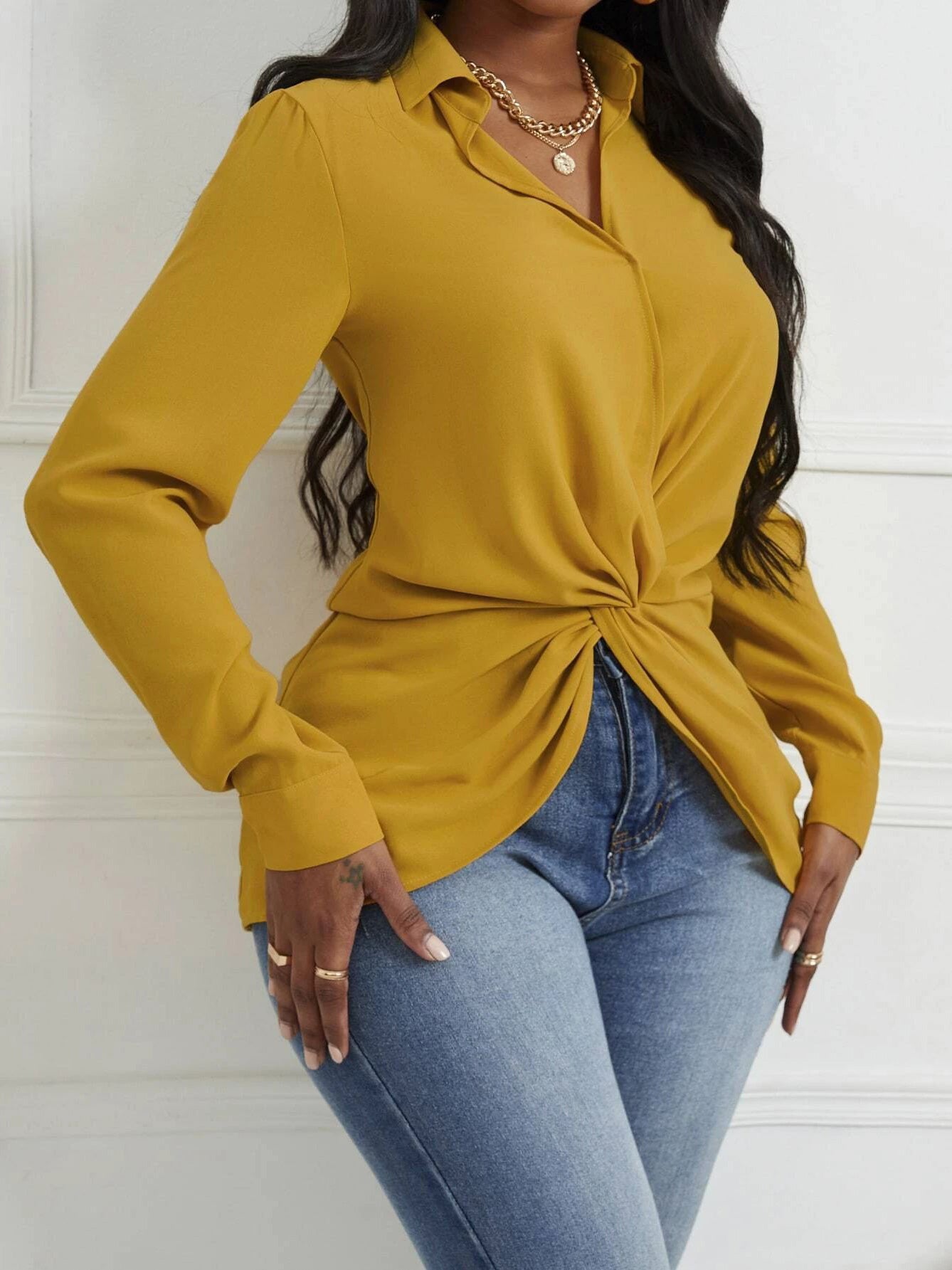 Women's Blouses Solid Lapel Knotted Long Sleeve Blouse - LuckyFash™