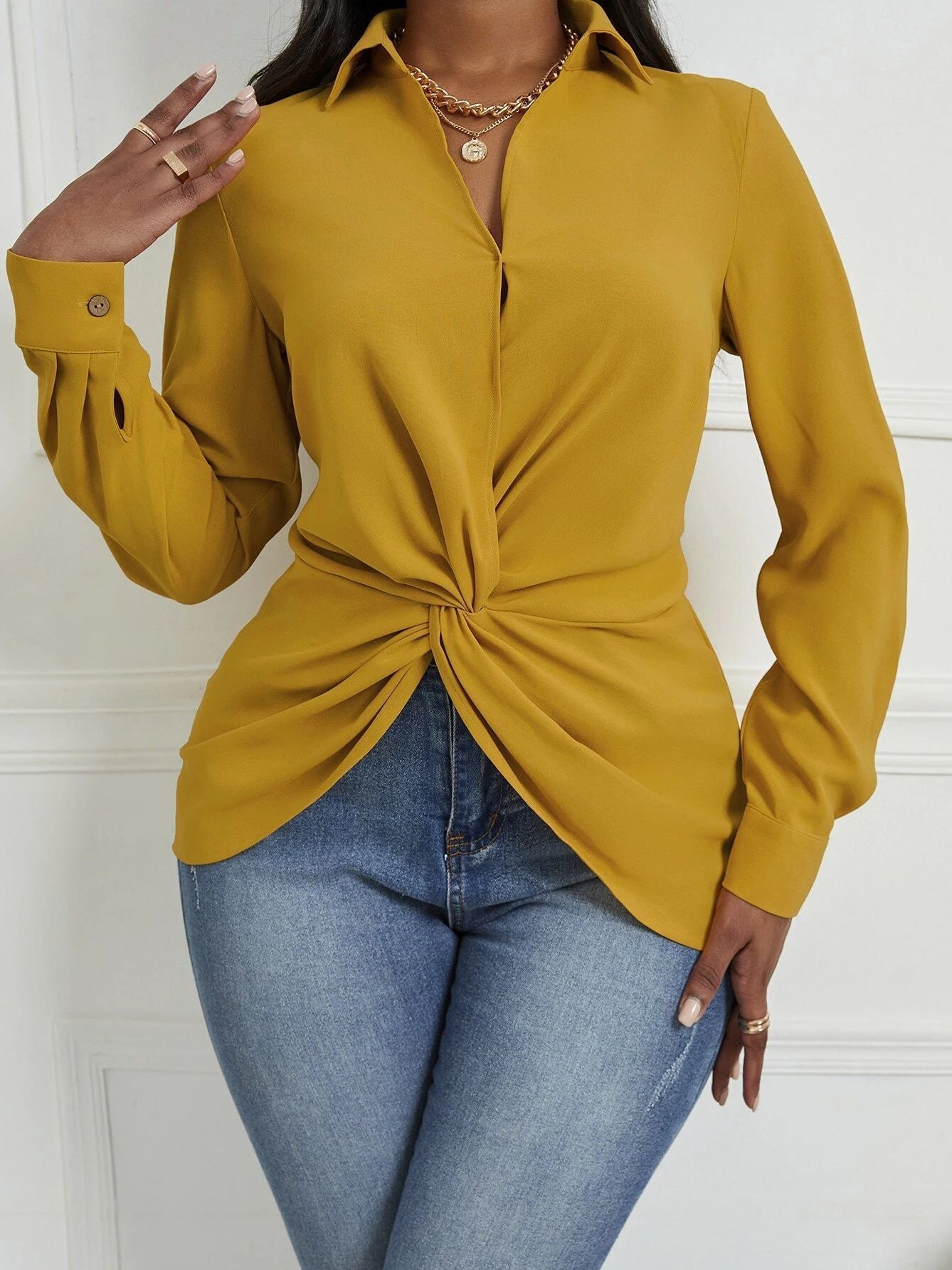 Women's Blouses Solid Lapel Knotted Long Sleeve Blouse - LuckyFash™