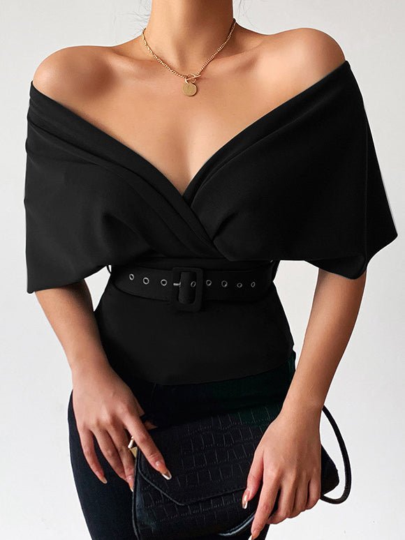 Women's Blouses Solid Off Shoulder Slim Belt Blouse - LuckyFash™