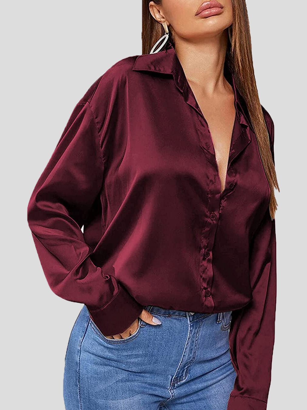 Blouses Solid Satin POLO Neck Long Sleeve Blouse - LuckyFash™