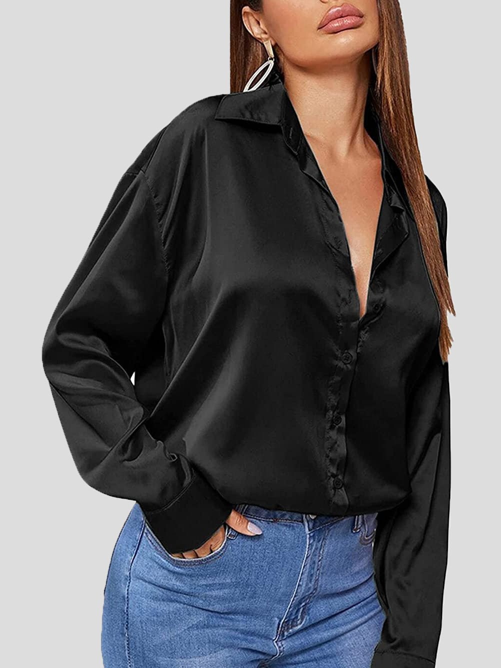 Blouses Solid Satin POLO Neck Long Sleeve Blouse - LuckyFash™