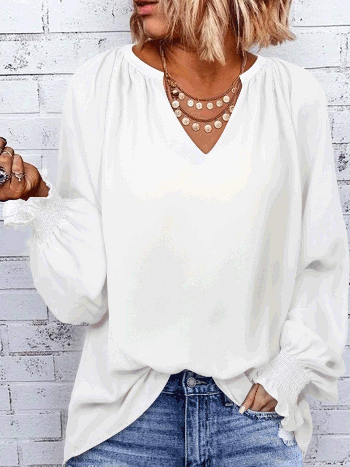 Women's Blouses Solid Simple V-Neck Long Sleeve Blouse - LuckyFash™