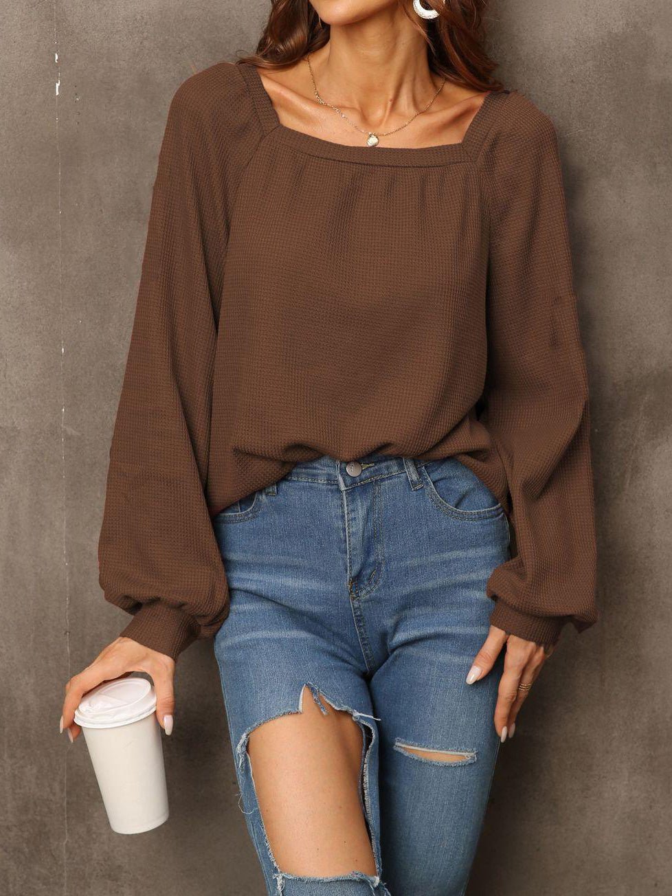 Women's Blouses Solid Square Neck Long Sleeve Blouse - LuckyFash™