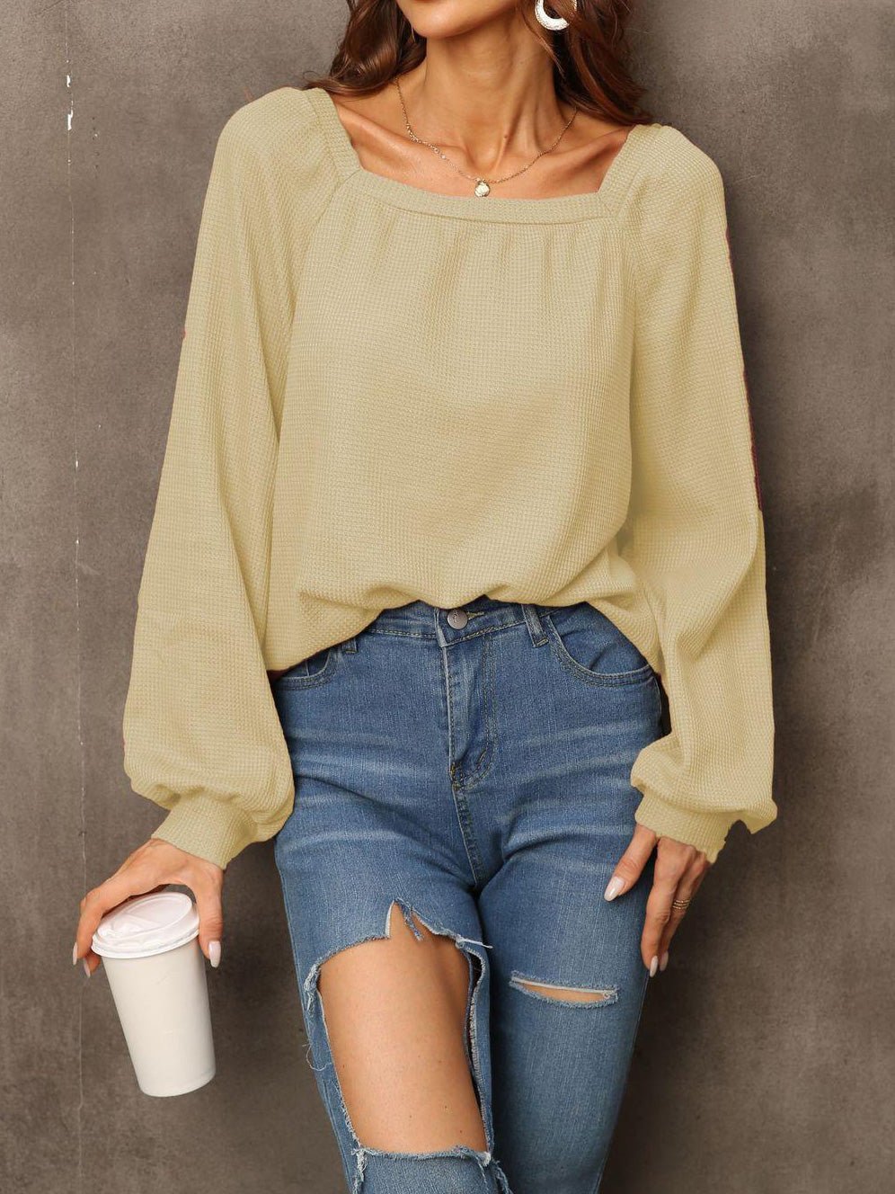 Women's Blouses Solid Square Neck Long Sleeve Blouse - LuckyFash™