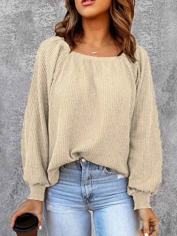 Blouses Solid Square Neck Long Sleeve Knit Blouse - LuckyFash™