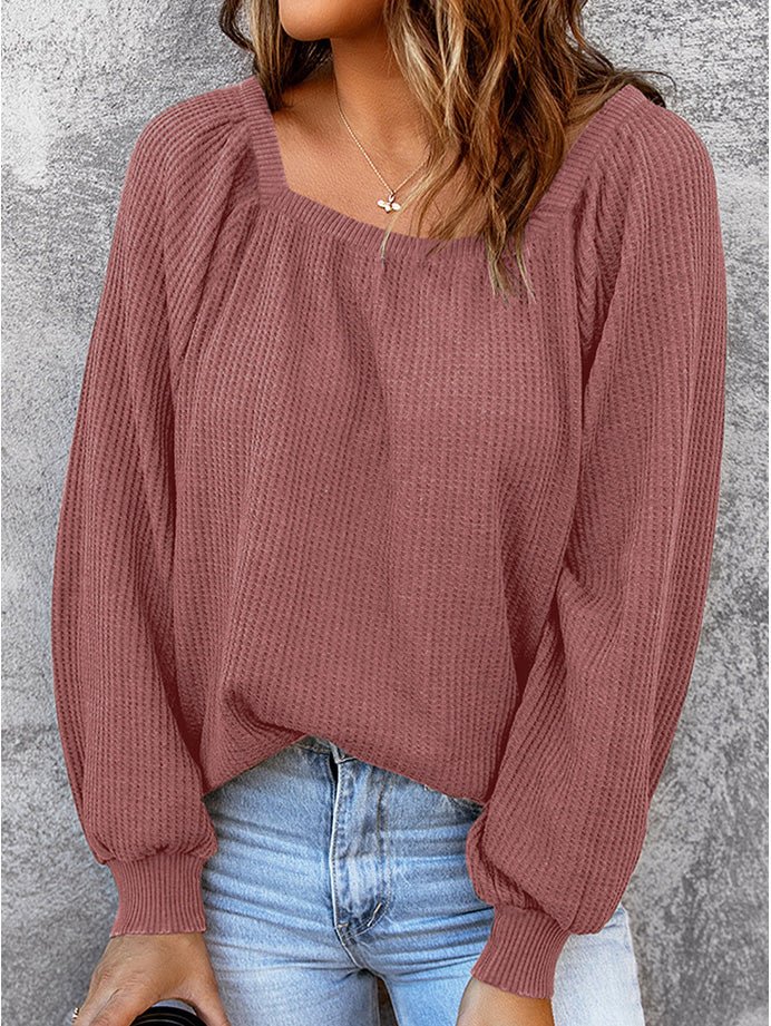 Blouses Solid Square Neck Long Sleeve Knit Blouse - LuckyFash™