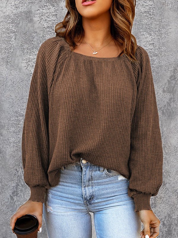 Blouses Solid Square Neck Long Sleeve Knit Blouse - LuckyFash™