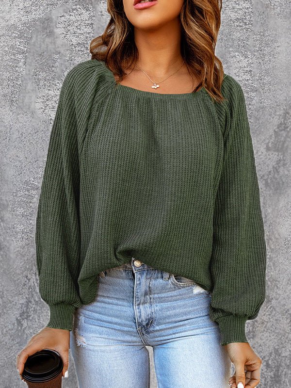 Blouses Solid Square Neck Long Sleeve Knit Blouse - LuckyFash™