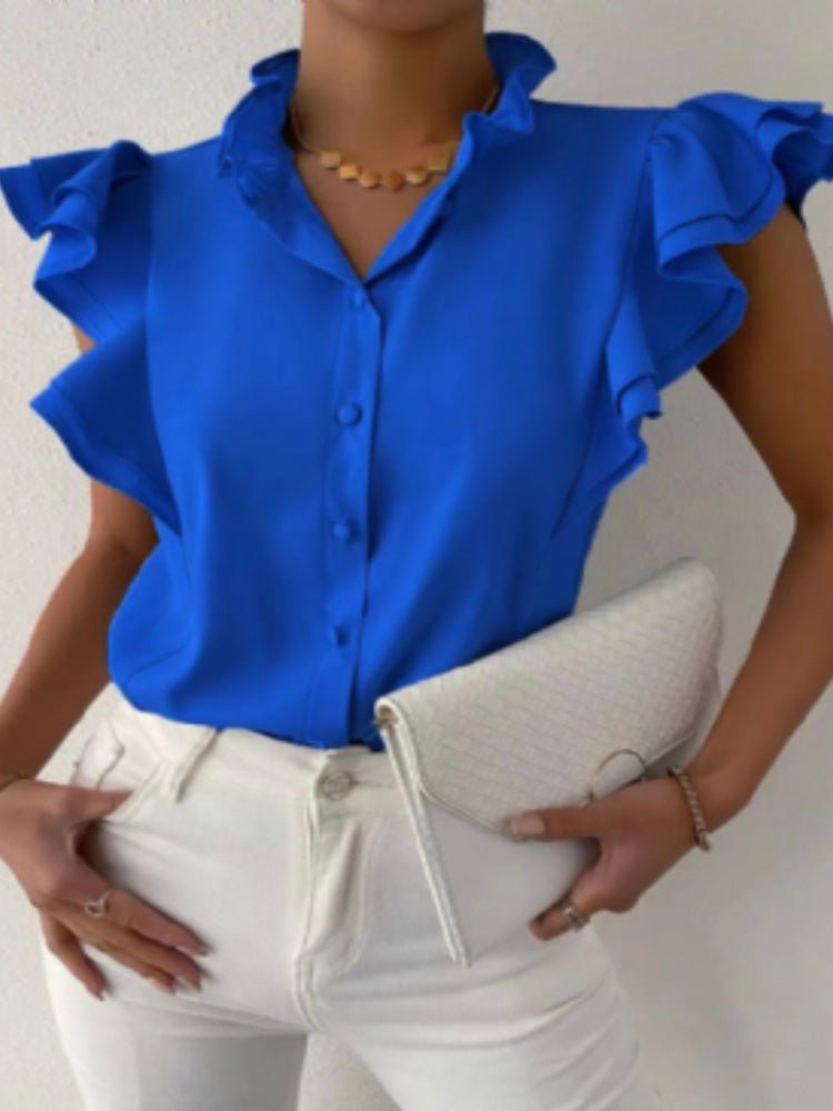 Women's Blouses Solid Stand Collar Button Ruffle Blouse - LuckyFash™