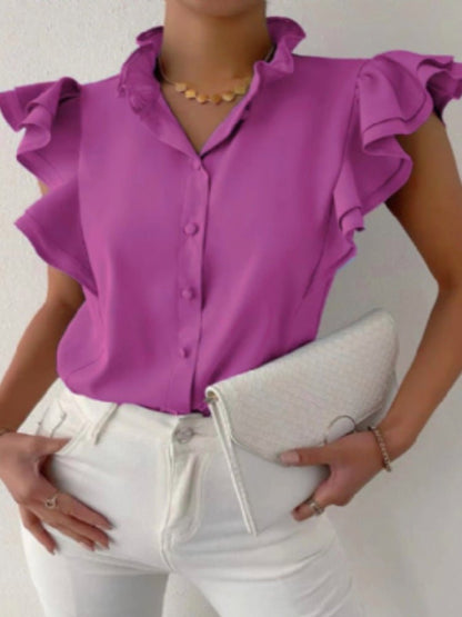 Women's Blouses Solid Stand Collar Button Ruffle Blouse - LuckyFash™