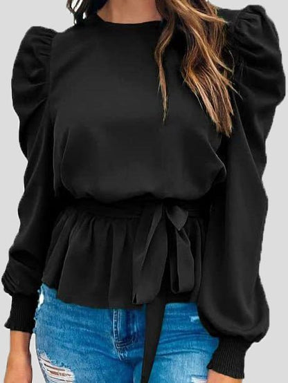 Blouses Solid Tie Puff Long Sleeve Blouse - LuckyFash™