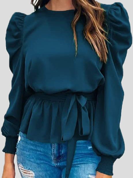 Blouses Solid Tie Puff Long Sleeve Blouse - LuckyFash™