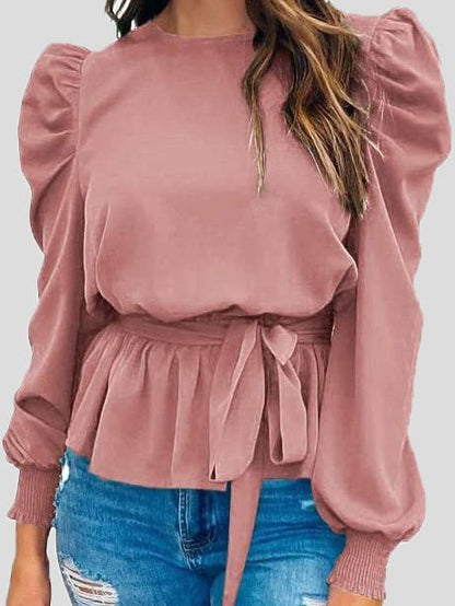 Blouses Solid Tie Puff Long Sleeve Blouse - LuckyFash™