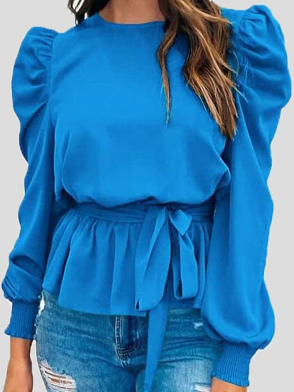 Blouses Solid Tie Puff Long Sleeve Blouse - LuckyFash™