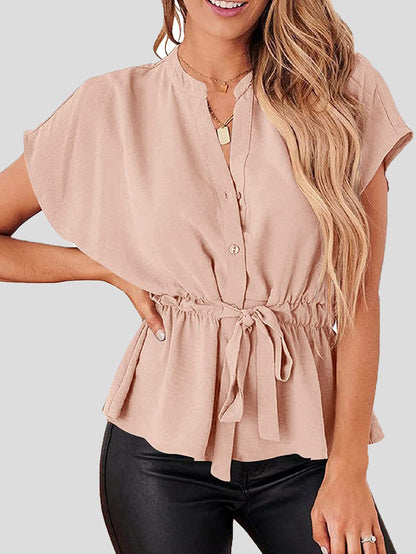 Women's Blouses Solid V-Neck Button Belted Blouse - LuckyFash™