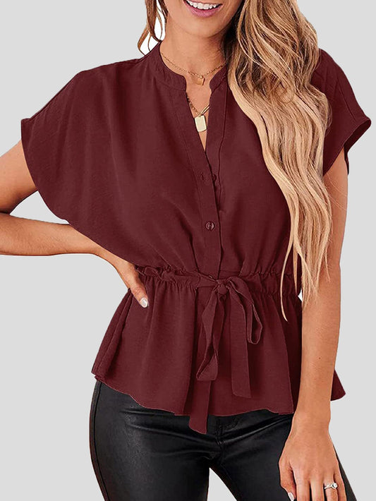 Women's Blouses Solid V-Neck Button Belted Blouse - LuckyFash™