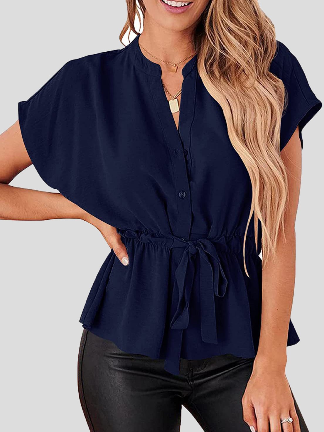 Women's Blouses Solid V-Neck Button Belted Blouse - LuckyFash™