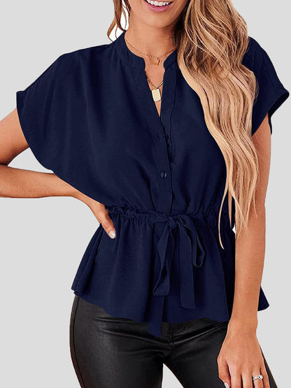 Women's Blouses Solid V-Neck Button Belted Blouse - LuckyFash™