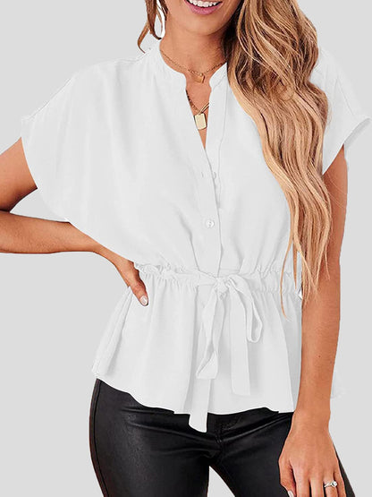 Women's Blouses Solid V-Neck Button Belted Blouse - LuckyFash™