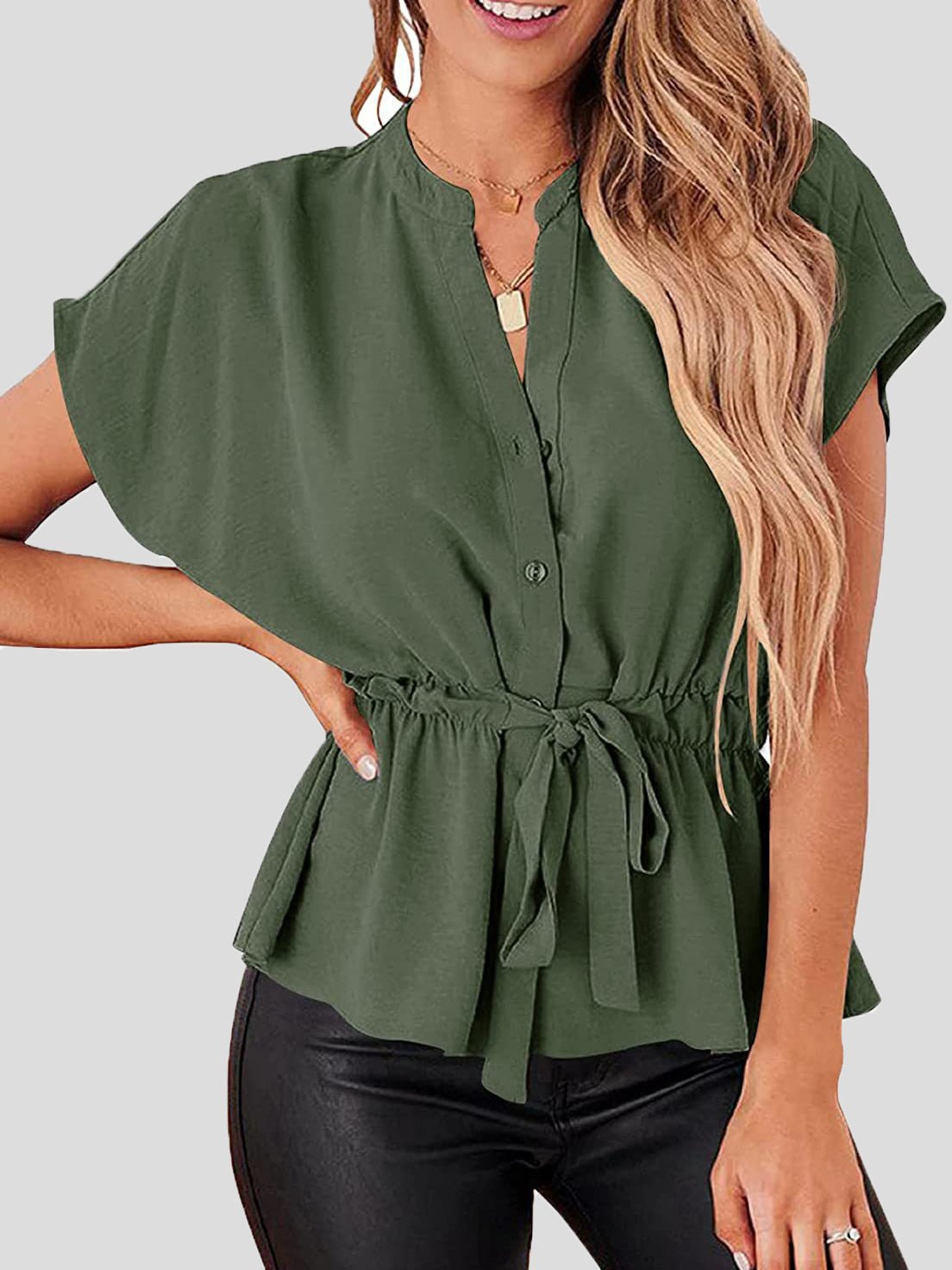 Women's Blouses Solid V-Neck Button Belted Blouse - LuckyFash™