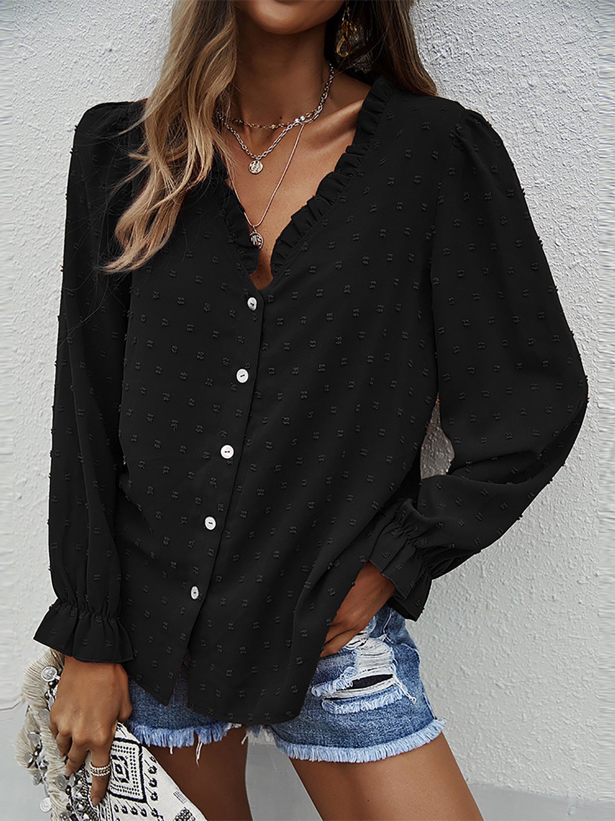 Women's Blouses Solid V-Neck Button Jacquard Long Sleeve Blouse - LuckyFash™