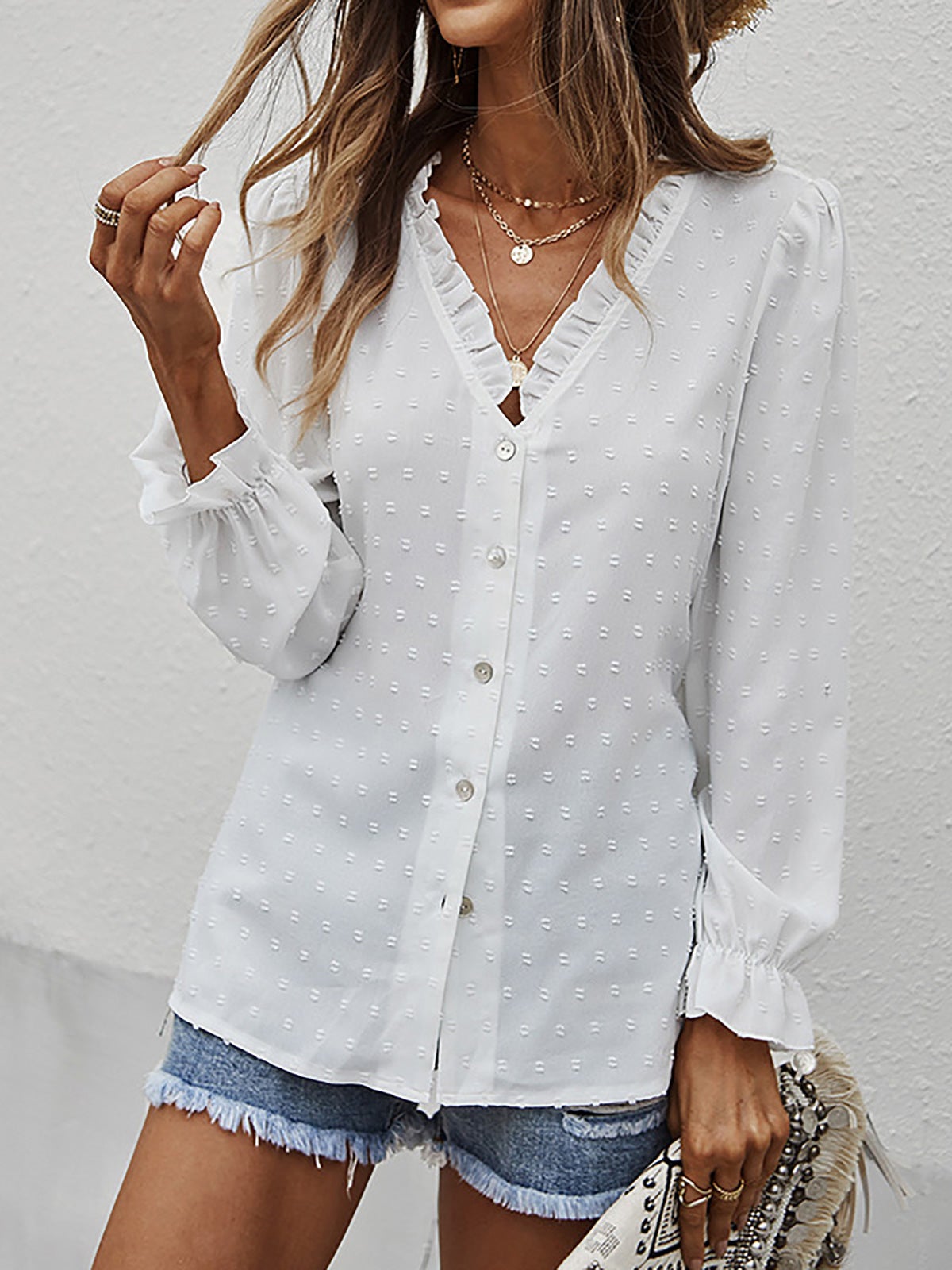 Women's Blouses Solid V-Neck Button Jacquard Long Sleeve Blouse - LuckyFash™